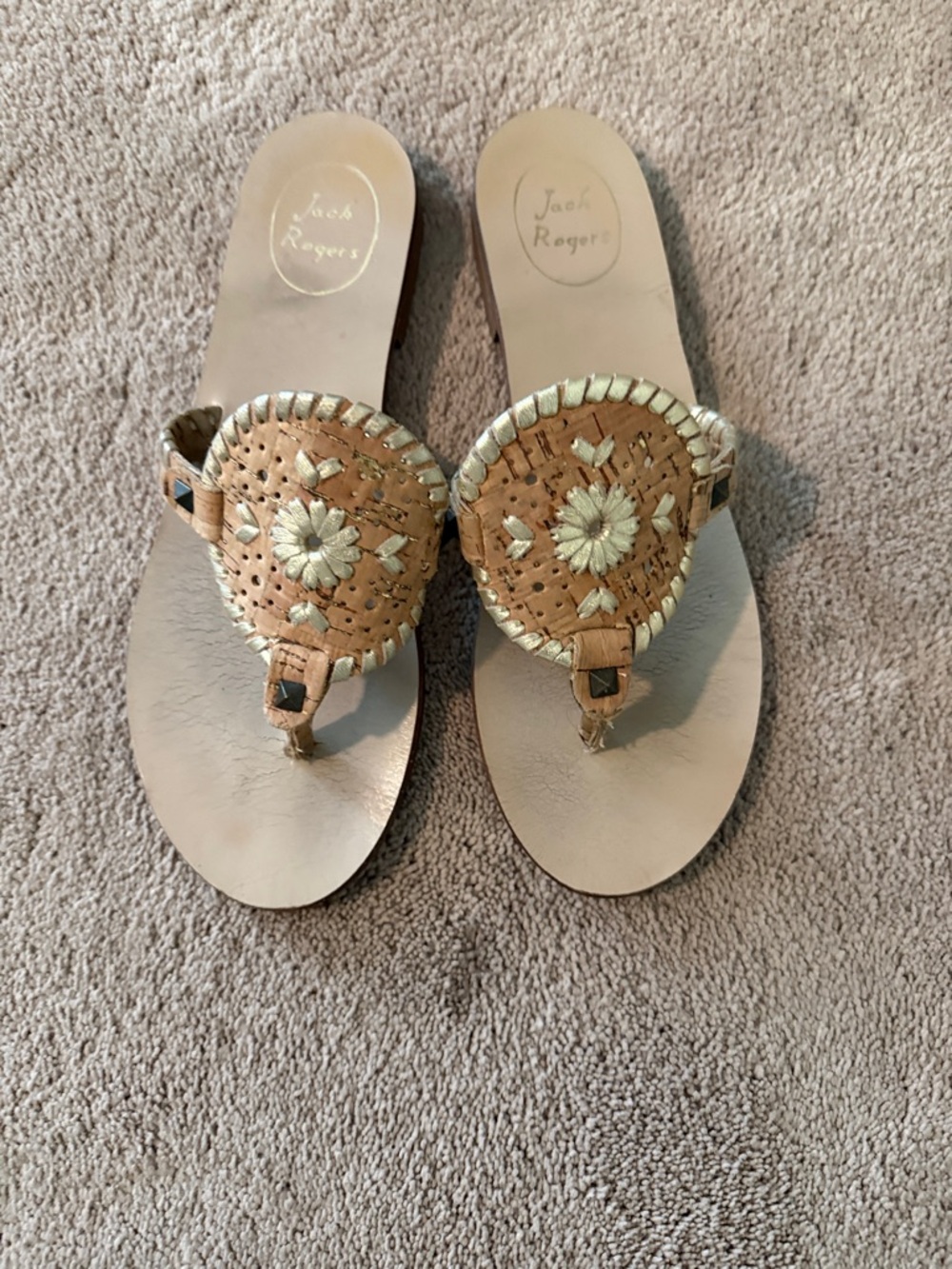 Jack Rogers Tan with Gold Floral Medallion Thong Sandals